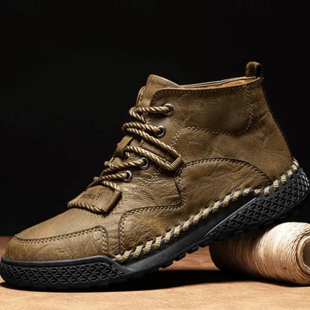 Men's Casual Lace-Up Ankle Boots – Faux Leather Handmade Moccasin-Style Outdoor Shoes with Hand-Stitched Details and Non-Slip Sole for Hiking and Daily Wear