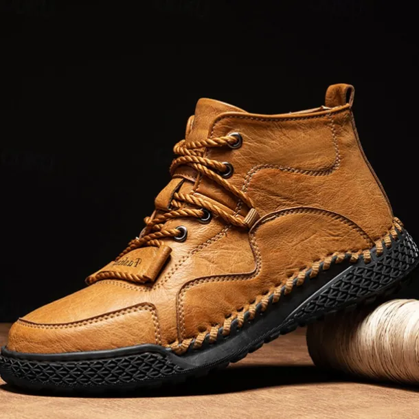 Men's Casual Lace-Up Ankle Boots – Faux Leather Handmade Moccasin-Style Outdoor Shoes with Hand-Stitched Details and Non-Slip Sole for Hiking and Daily Wear