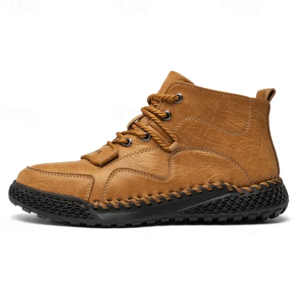 Men's Casual Lace-Up Ankle Boots – Faux Leather Handmade Moccasin-Style Outdoor Shoes with Hand-Stitched Details and Non-Slip Sole for Hiking and Daily Wear