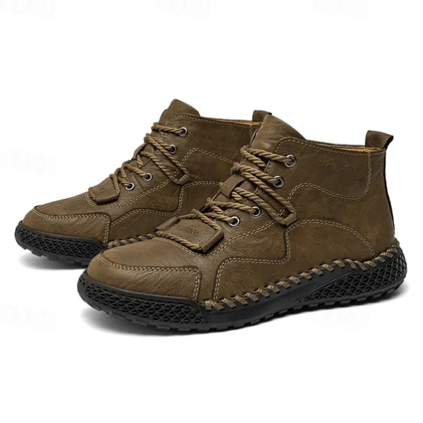 Men's Casual Lace-Up Ankle Boots – Faux Leather Handmade Moccasin-Style Outdoor Shoes with Hand-Stitched Details and Non-Slip Sole for Hiking and Daily Wear