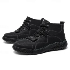 Men's Casual Lace-Up Ankle Boots – Faux Leather Handmade Moccasin-Style Outdoor Shoes with Hand-Stitched Details and Non-Slip Sole for Hiking and Daily Wear