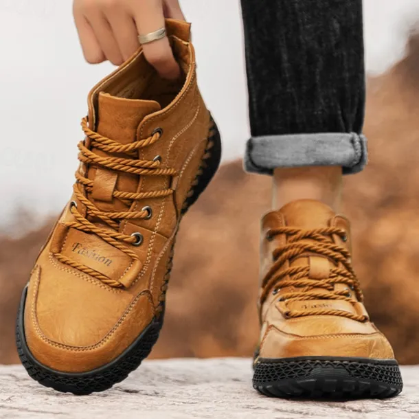 Men's Casual Lace-Up Ankle Boots – Faux Leather Handmade Moccasin-Style Outdoor Shoes with Hand-Stitched Details and Non-Slip Sole for Hiking and Daily Wear