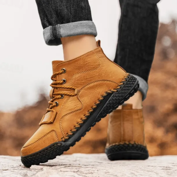 Men's Casual Lace-Up Ankle Boots – Faux Leather Handmade Moccasin-Style Outdoor Shoes with Hand-Stitched Details and Non-Slip Sole for Hiking and Daily Wear