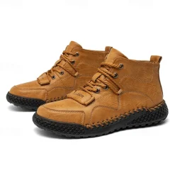 Men's Casual Lace-Up Ankle Boots – Faux Leather Handmade Moccasin-Style Outdoor Shoes with Hand-Stitched Details and Non-Slip Sole for Hiking and Daily Wear