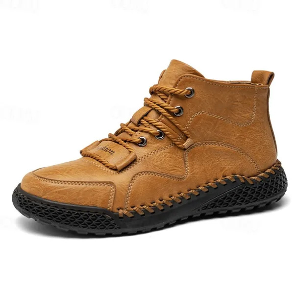 Men's Casual Lace-Up Ankle Boots – Faux Leather Handmade Moccasin-Style Outdoor Shoes with Hand-Stitched Details and Non-Slip Sole for Hiking and Daily Wear