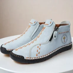 Men's Casual Light Blue Leather Loafers with Unique Hand-Stitched Details and Zip Closure, Ideal for Daily Wear