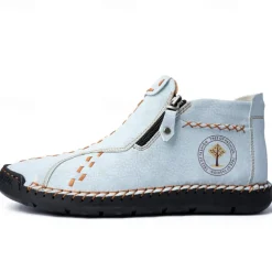 Men's Casual Light Blue Leather Loafers with Unique Hand-Stitched Details and Zip Closure, Ideal for Daily Wear