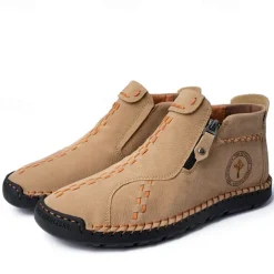 Men's Casual Light Blue Leather Loafers with Unique Hand-Stitched Details and Zip Closure, Ideal for Daily Wear