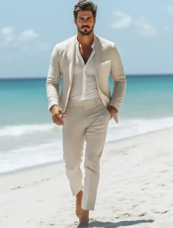 Men's Casual Linen Suits Beige Half Lined Lightweight Summer Solid Colored Standard Fit 2 Piece Single Breasted One-button