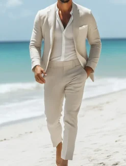 Men's Casual Linen Suits Beige Half Lined Lightweight Summer Solid Colored Standard Fit 2 Piece Single Breasted One-button