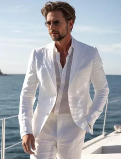Men's Casual Linen Suits Notch Lapel White Daily Lightweight Solid Colored Standard Fit 2 Piece Single Breasted Two-buttons