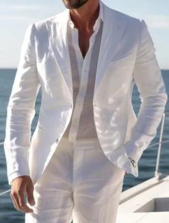 Men's Casual Linen Suits Notch Lapel White Daily Lightweight Solid Colored Standard Fit 2 Piece Single Breasted Two-buttons