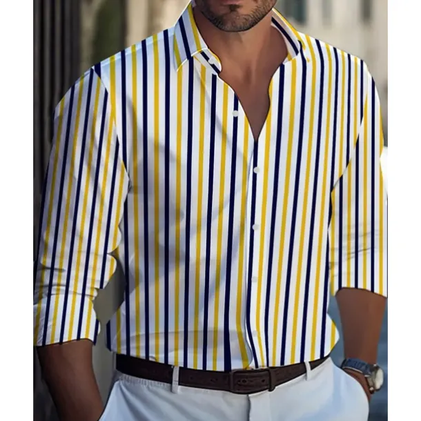 Men's Casual Shirt Beach Shirt Button Up Shirt Black Yellow Wine Red Blue Long Sleeve Stripes and Plaid Lapel Vacation Hawaiian Button-Down Clothing Apparel Polyester Fashion Casual Comfortable