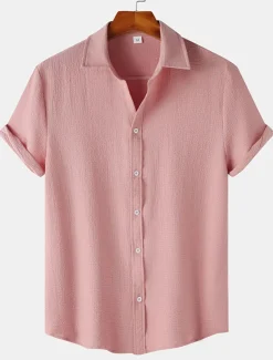 Men's Casual Shirt Black Yellow Pink Wine Blue Short Sleeve Plain Lapel Vacation Street Basic Clothing Apparel Polyester Fashion Leisure