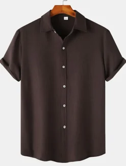 Men's Casual Shirt Black Yellow Pink Wine Blue Short Sleeve Plain Lapel Vacation Street Basic Clothing Apparel Polyester Fashion Leisure