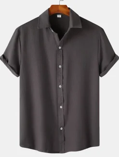 Men's Casual Shirt Black Yellow Pink Wine Blue Short Sleeve Plain Lapel Vacation Street Basic Clothing Apparel Polyester Fashion Leisure