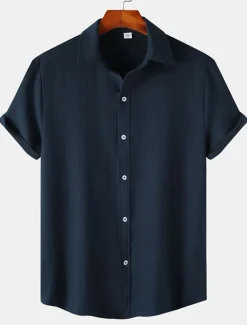 Men's Casual Shirt Black Yellow Pink Wine Blue Short Sleeve Plain Lapel Vacation Street Basic Clothing Apparel Polyester Fashion Leisure