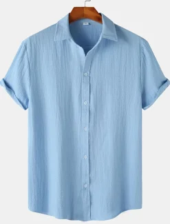 Men's Casual Shirt Black Yellow Pink Wine Blue Short Sleeve Plain Lapel Vacation Street Basic Clothing Apparel Polyester Fashion Leisure