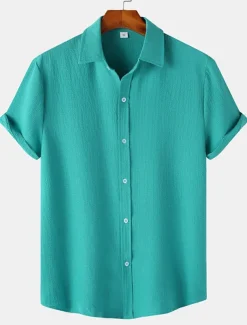 Men's Casual Shirt Black Yellow Pink Wine Blue Short Sleeve Plain Lapel Vacation Street Basic Clothing Apparel Polyester Fashion Leisure