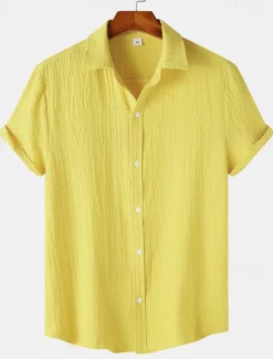 Men's Casual Shirt Black Yellow Pink Wine Blue Short Sleeve Plain Lapel Vacation Street Basic Clothing Apparel Polyester Fashion Leisure