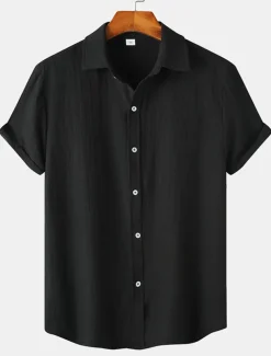 Men's Casual Shirt Black Yellow Pink Wine Blue Short Sleeve Plain Lapel Vacation Street Basic Clothing Apparel Polyester Fashion Leisure