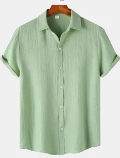 Men's Casual Shirt Black Yellow Pink Wine Blue Short Sleeve Plain Lapel Vacation Street Basic Clothing Apparel Polyester Fashion Leisure