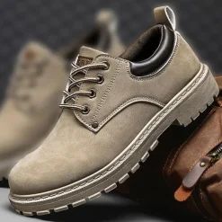 Men's Casual Suede Leather Work Shoes - Durable Lace-Up Ankle Boots for Outdoor and Daily Wear