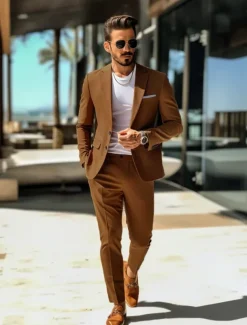 Men's Casual Suits Brown Daily WorkWear Solid Colored Standard Fit 2 Piece Single Breasted Two-buttons
