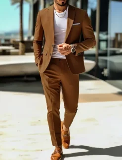 Men's Casual Suits Brown Daily WorkWear Solid Colored Standard Fit 2 Piece Single Breasted Two-buttons