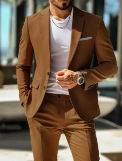 Men's Casual Suits Brown Daily WorkWear Solid Colored Standard Fit 2 Piece Single Breasted Two-buttons