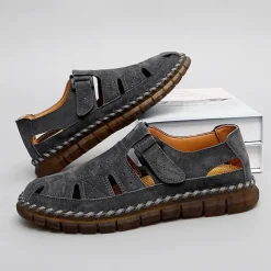 Men's Casual Tan Suede Sandals with Adjustable Velcro Strap, Breathable Design and Comfortable Sole – Perfect for Outdoor, Beach and Summer Activities