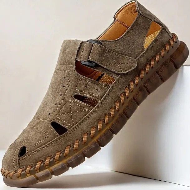 Men's Casual Tan Suede Sandals with Adjustable Velcro Strap, Breathable Design and Comfortable Sole – Perfect for Outdoor, Beach and Summer Activities