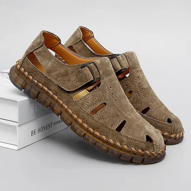 Men's Casual Tan Suede Sandals with Adjustable Velcro Strap, Breathable Design and Comfortable Sole – Perfect for Outdoor, Beach and Summer Activities
