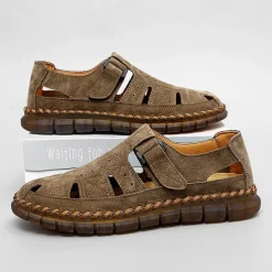 Men's Casual Tan Suede Sandals with Adjustable Velcro Strap, Breathable Design and Comfortable Sole – Perfect for Outdoor, Beach and Summer Activities