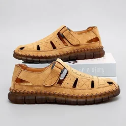 Men's Casual Tan Suede Sandals with Adjustable Velcro Strap, Breathable Design and Comfortable Sole – Perfect for Outdoor, Beach and Summer Activities