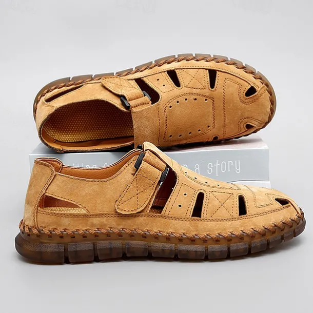 Men's Casual Tan Suede Sandals with Adjustable Velcro Strap, Breathable Design and Comfortable Sole – Perfect for Outdoor, Beach and Summer Activities