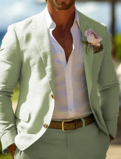 Men's Casual Wedding Linen Suits Sage Fashion Summer Daily Solid Colored Standard Fit 2 Piece Single Breasted Two-buttons