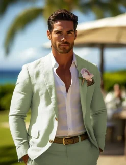 Men's Casual Wedding Linen Suits Sage Fashion Summer Daily Solid Colored Standard Fit 2 Piece Single Breasted Two-buttons
