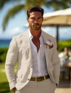 Men's Casual Wedding Linen Suits Sage Fashion Summer Daily Solid Colored Standard Fit 2 Piece Single Breasted Two-buttons