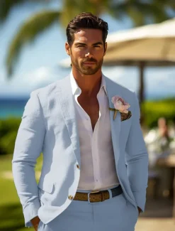 Men's Casual Wedding Linen Suits Sage Fashion Summer Daily Solid Colored Standard Fit 2 Piece Single Breasted Two-buttons