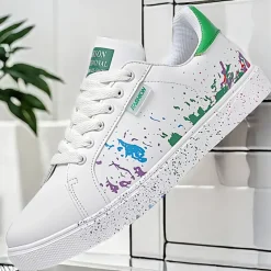 Men's Casual White Sneakers with Color Splash Design - Comfortable Fashionable Low-Top Lace-Up Shoes