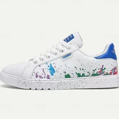 Men's Casual White Sneakers with Color Splash Design - Comfortable Fashionable Low-Top Lace-Up Shoes