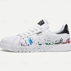 Men's Casual White Sneakers with Color Splash Design - Comfortable Fashionable Low-Top Lace-Up Shoes