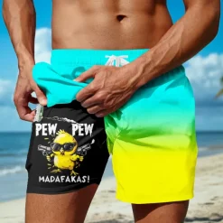 Men's Chick Funny Gradient Color Lined Shorts 2 in 1 Board Shorts Swim Shorts Mid Waist Hawaiian Vacation Beach Wear Side Pockets With Compression Liner Elastic Drawstring Waist Designer Clothing