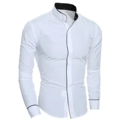 Men's Chinese Collar Shirt Mandarin Collar Shirt Dress Shirt Collarless Shirt Symbol Wedding Street Black White Gray Long Sleeve Stand Collar Spring & Fall Clothing Apparel Button-Down