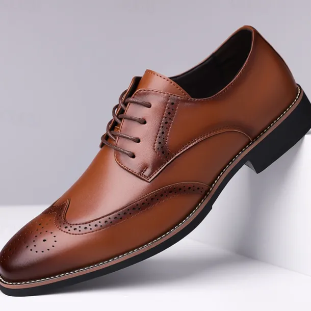 Men's Classic Brown Wingtip Oxford Shoes – Faux Leather Brogue Lace-Up Dress Shoes for Business and Formal Occasions