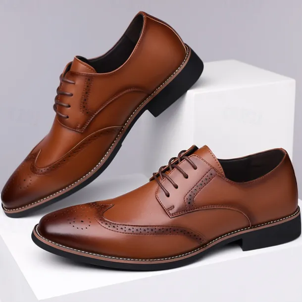 Men's Classic Brown Wingtip Oxford Shoes – Faux Leather Brogue Lace-Up Dress Shoes for Business and Formal Occasions