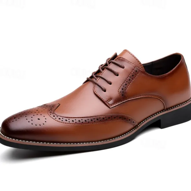 Men's Classic Brown Wingtip Oxford Shoes – Faux Leather Brogue Lace-Up Dress Shoes for Business and Formal Occasions
