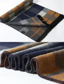 Men's Classic Plaid Winter Scarf – Soft Faux Wool Polyester Checkered Pattern for Warmth and Style, Perfect for Casual or Business Wear