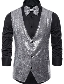 Men's Classic Vest Sequin Tailored Fit V Neck Single Breasted Three-buttons Silver Black Burgundy